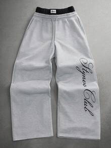 Manfinity Roghcode Men's Letter Print Drawstring Waist Pocket Wide Leg Loose Casual Sweatpants - Grey - View 3