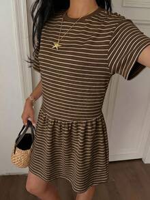 Vestido de verano para mujer, holgado, a rayas, con cuello de muñeca, informal, de manga corta, con lunares y de malla. - Marrón - Ver 4