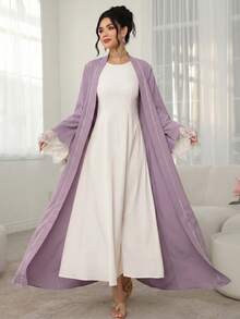 Al Najma Color Block Lace Trim Robe, Suitable For Holiday Wear - Purple - View 3