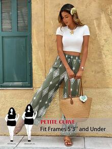 SHEIN PETITE CURVE 大码女士度假 IH 图案系带腰裤 - Limelight Green - 查看 3