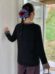 Dazy Plus Kaos Kasual Longgar Serbaguna dengan Motif Polka Dot Transparan dan Patchwork Warna Polos - Hitam - View 6