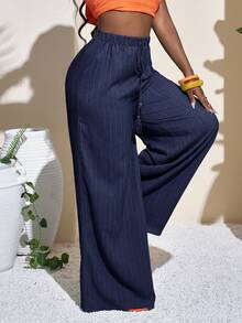 Slaydiva 女士全长几何图案绿色休闲度假阔腿裤 - 寶藍色 - 查看 5
