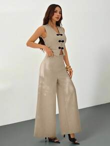 SHEIN PETITE Bộ đồ nữ thanh lịch tối giản gồm áo vest ngắn cổ chữ V phối màu tương phản và quần ống rộng cạp cao, phù hợp cho đi làm hàng ngày và mặc thường ngày, màu be, thích hợp cho lễ tốt nghiệp, trang phục giáo viên, tựu trường mùa thu/đông. - Màu be - Xem 6