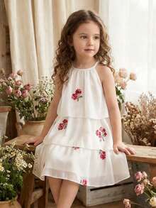 SHEIN Vintaside Kids 女童甜美森系网纱荷叶边领无袖A字公主裙 - 白色 - 查看 1