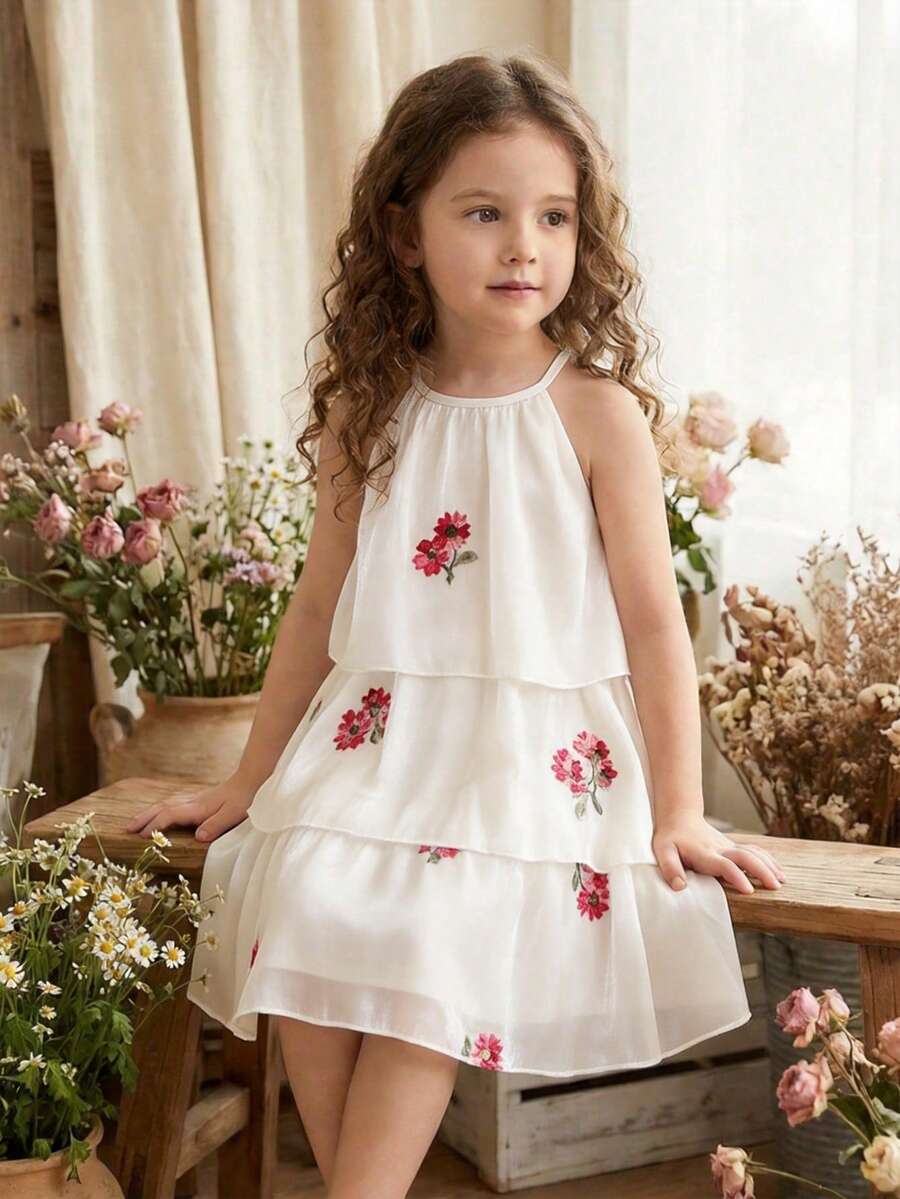 SHEIN Vintaside Kids 女童甜美森系网纱荷叶边领无袖A字公主裙 - 白色 - 查看 1