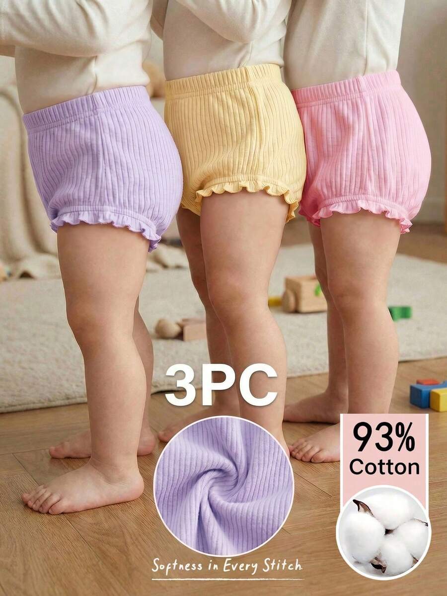 Cozy Pixies 3pcs Baby Girl Solid Color Comfortable Elastic Waist Triangle Shorts Set, Summer Shorts & Crawler Pants - Multicolor - View 1