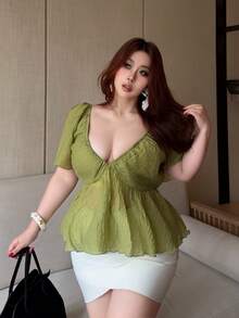 Vibekara Damen Große Größen lässig Bluse mit geraffter Taille und weiten Ärmeln, Frühling/Sommer - Grün - Übersicht 5