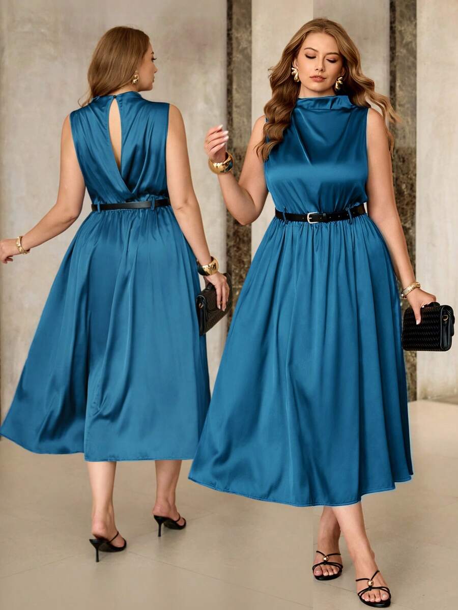 Roveilla Plus Size Satin Stand Collar Sleeveless Belted Elegant A-Line Maxi Dress, Suitable For Commuting And Formal Occasions - Royal Blue - View 1