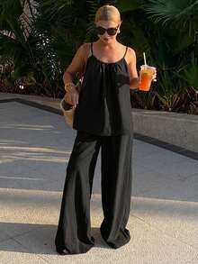 Livesso Spring & Summer Fashion Brown Camisole Top And Wide Leg Pants Set, Casual Loose Vacation Beach Elegant Office Wear 2-Piece Outfit For Women - Black - View 3