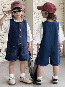 SHEIN Little Byeori Bộ áo liền quần không tay bằng vải denim màu xanh hải quân dáng rộng cho bé trai - Rửa tối - Xem 1