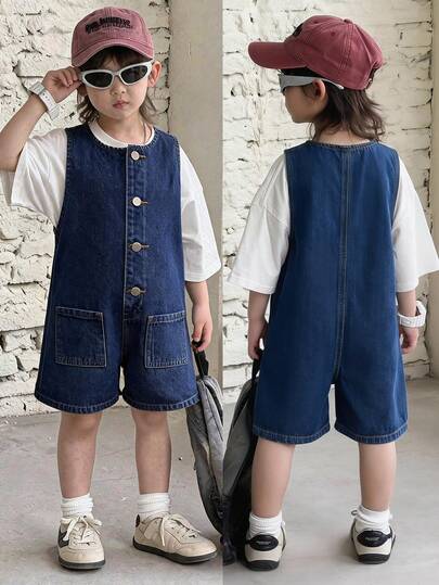 Young BoyLoose Fit Navy Blue Denim Sleeveless Romper