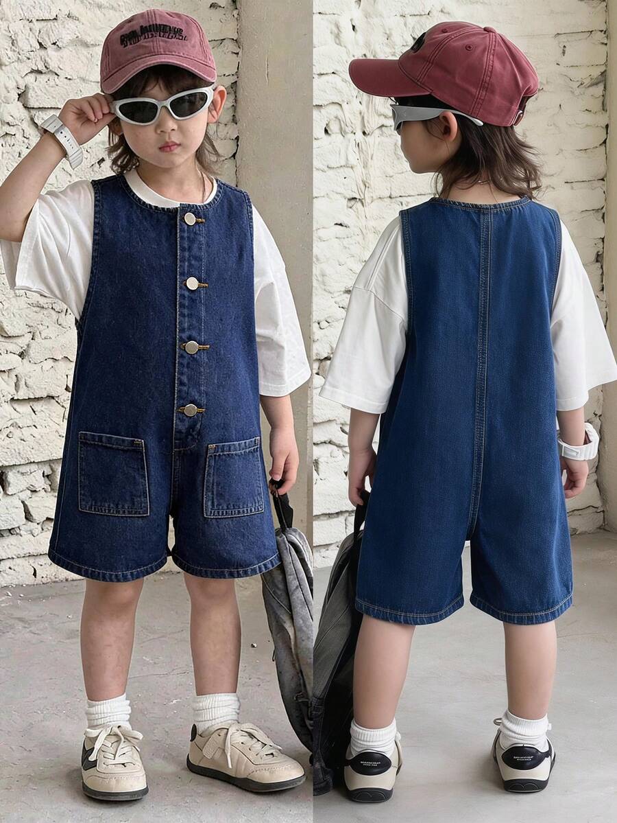 SHEIN Little Byeori Bộ áo liền quần không tay bằng vải denim màu xanh hải quân dáng rộng cho bé trai - Rửa tối - Xem 1