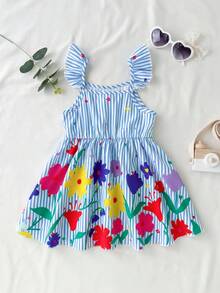 SHEIN Đầm dệt sọc và họa tiết hoa nhí cho bé gái, cổ vuông, viền bèo nhún, kiểu dáng thường ngày. - Nhiều màu - Xem 3