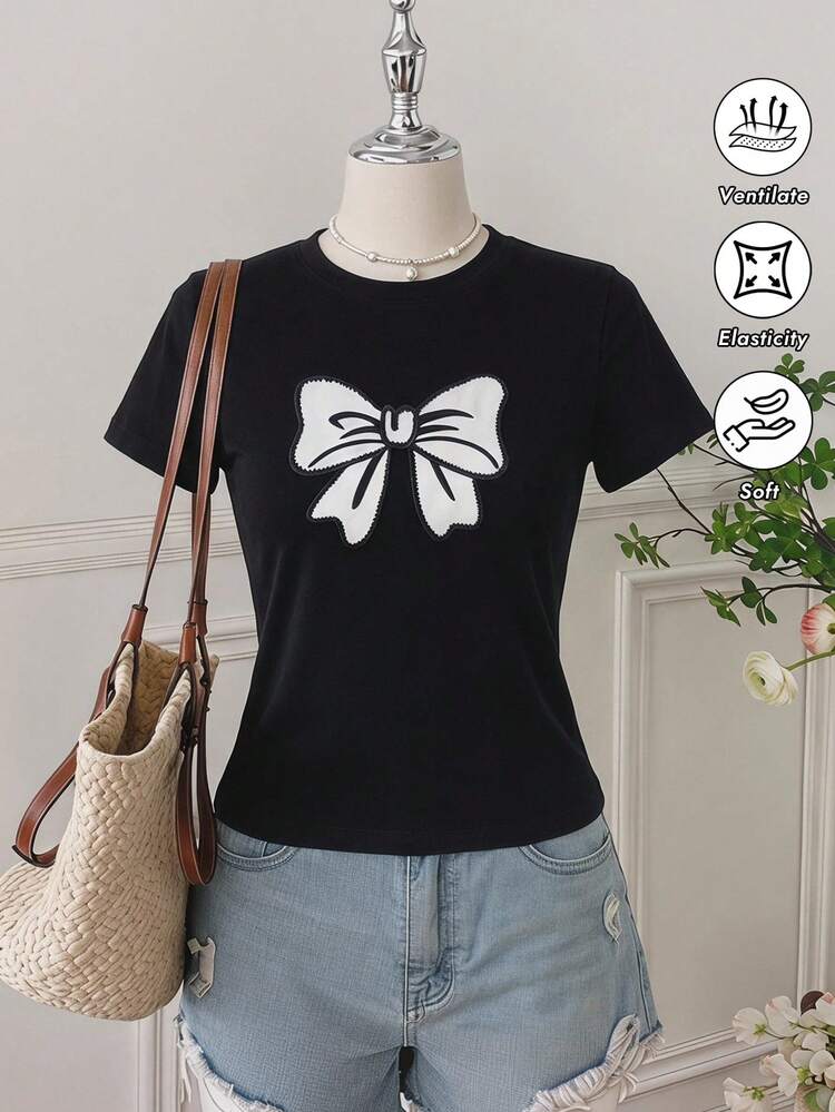 Women's Summer Round Neck Short Sleeve Bow Print Casual T-Shirt
