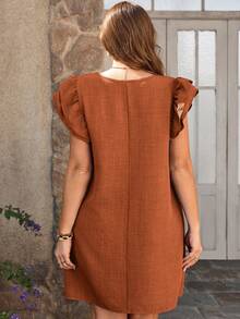 EMERY ROSE Plus Size Women Solid Color Round Neck Ruffle Sleeve Loose Dress Summer Dress Spring Clothing Beach Outfits For Women Vacation Outfits - Rust Brown - View 2