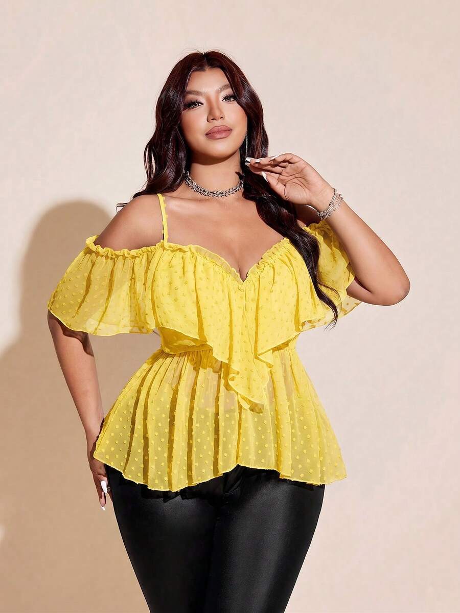 Viva Relle Áo camisole kiểu blouse size lớn màu trơn gợi cảm viền bèo nhún - Vàng nhạt - Xem 1