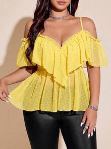 Viva Relle Áo camisole kiểu blouse size lớn màu trơn gợi cảm viền bèo nhún - Vàng nhạt - Xem 6