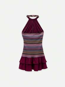 Nöista Dark Purple Striped Knit Halter Mini Dress,Keyhole Neckline Ruffle Hem,Summer Boho Holiday Vacation Holiday,Perfect For Nights Out & Special Occasions - Multicolor - View 7