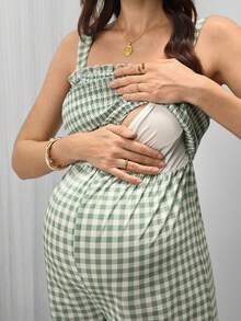 SHEIN Bộ áo liền quần không tay in họa tiết kẻ caro, có chức năng cho con bú, thích hợp cho bà bầu và kỳ nghỉ hè. - màu xanh lá - Xem 6