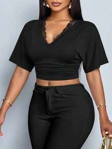 SOLERSUN Camiseta corta de verano de unicolor con pliegues, talla grande - Negro - Ver 8