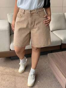 Dazy Plus Celana Pendek Denim Bermuda Model Lebar dengan Bordir Pita Warna Biru Tua dan Kantong Belakang, Musim Semi/Panas - Unta - View 4