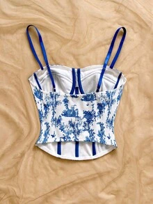 Soleia Plus Size Vintage Floral Contrast Color Camisole For Women, Suitable For Holiday, Date, Afternoon Tea, Vacation, Music Festival, Bohemian Style - Blue and White - View 2