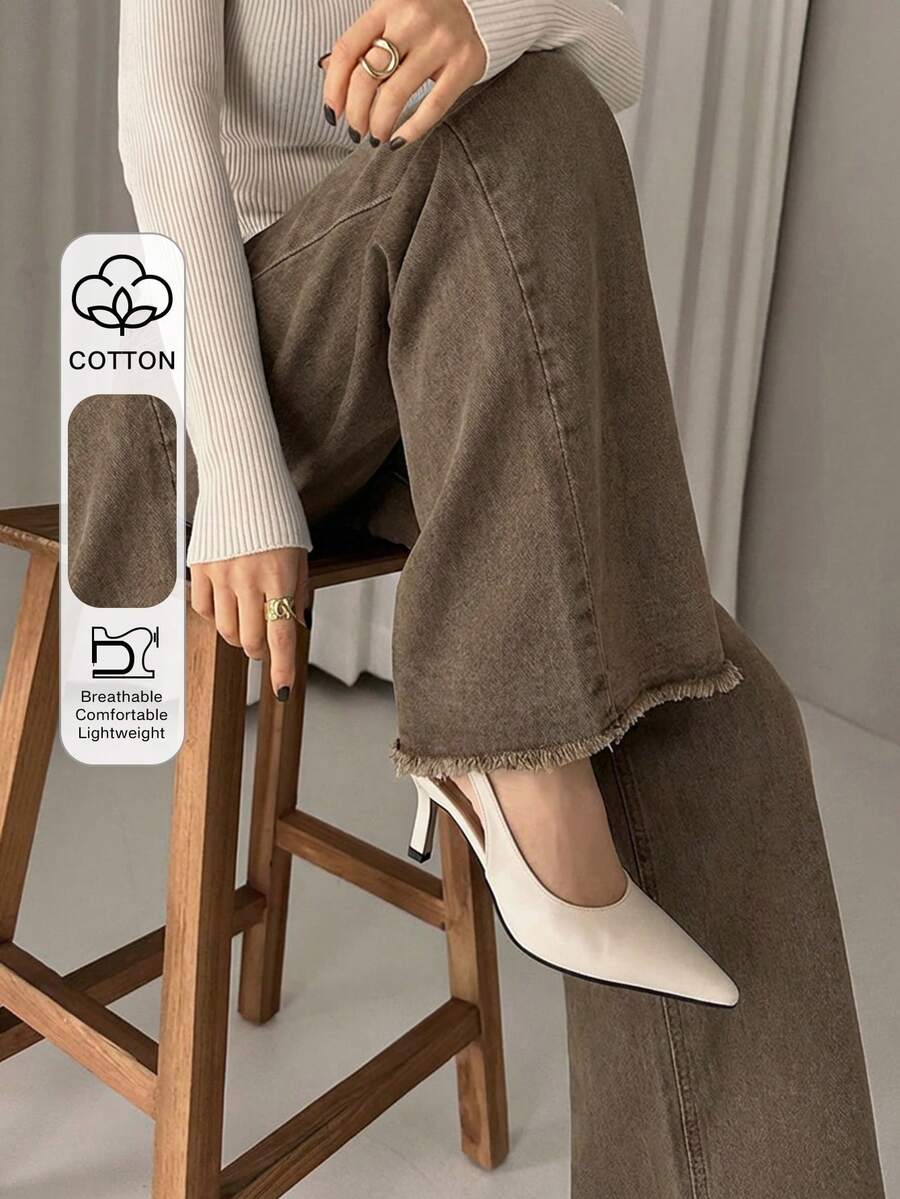 DAZY Quần jeans dài ống rộng màu trơn dành cho nữ, phù hợp với người chân dài. - màu nâu - Xem 1