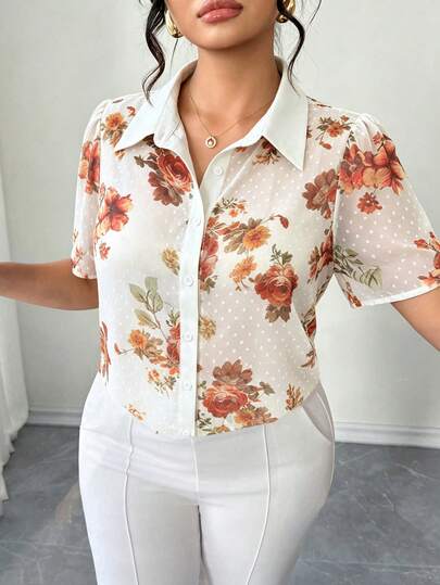 Elenzga Camisa holgada de gasa con estampado de pompones, de unicolor y parches, de manga corta y cuello elegante, para vacaciones, talla grande para mujer
