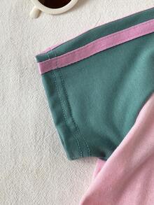 SHEIN 女嬰 2件/套 春夏套裝 綠色與粉色 休閒度假運動風 刺繡裝飾 短澎澎袖上衣&條紋長褲 - 綠色 - 查看 4