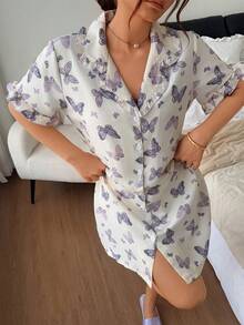 Napfluff 女士蝴蝶印花荷叶边开衫式睡裙 - 杏色 - 查看 3