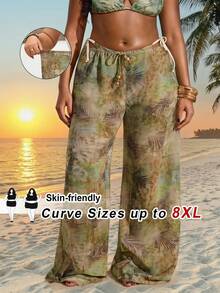 SHEIN CURVE+ Plus Size Women's Tropical Print Beaded Drawstring Waist Loose Lightweight Wide Leg Cover-Up Pants, Summer, Boho, Beach, Holiday - Green - View 6