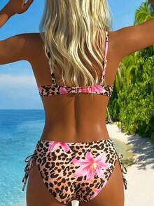 Swim Lushoire Women's Leopard & Floral Print Underwire Bikini Set,High Waist Side Drawstring Swim Shorts,Tie Dye,Summer,Casual,Beach,Holiday,Vacation,Holiday - Multicolor - View 2