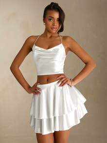 SHEIN Glamour White Summer Women Halter Neck Backless Sleeveless Top And Mini Skirt Two-Piece Set, Seksi Sexy Chic Vacation Holiday Music Festival Party Outfit - White - View 7