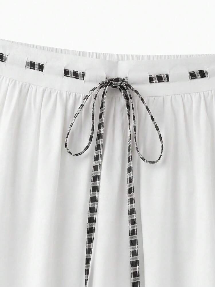 White Cotton Midi Skirt With Contrast Gingham Tie Waist Detail And Mini Broidery Trim Boho Summer French Style Casual Holiday Skirt Cute Summer Skirt Vacation Skirt Vintage Style Cotton Skirt