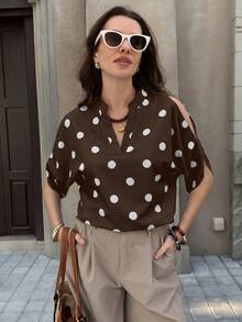 Clasi Blusa de camisa blanca con hombros descubiertos y manga dividida - Café integral - Ver 4