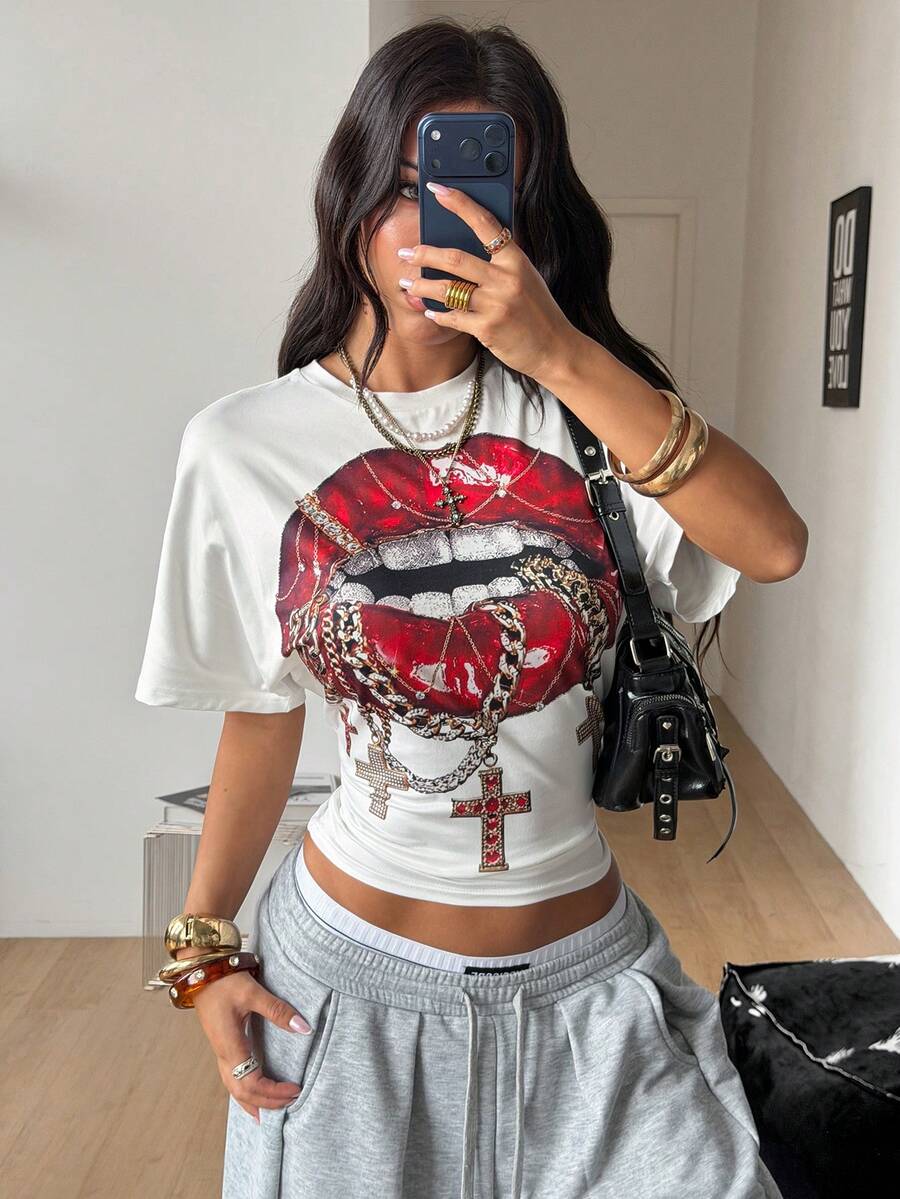 Coolane 女士夏季极简主义 Y2K 基本款日常休闲返校街头风弹力白色宽松褶皱短款T恤 - 白色 - 查看 1