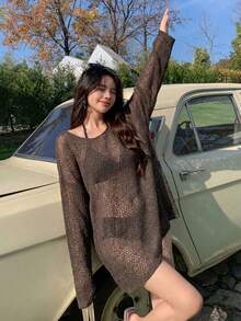 DAZY Women's Solid Color Batwing Loose Cover Up Beach Vacation - Coffee Brown - View 3