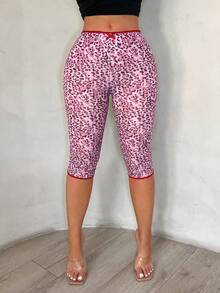 SHEIN SXY Quần legging dài đến mắt cá chân, ôm sát, họa tiết da báo, viền ren. - Hồng - Xem 3