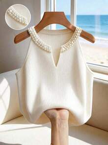SHEIN Nueva parte superior de punto acanalado con cuello entallado con perlas falsas, para primavera/verano - Crema - Ver 3