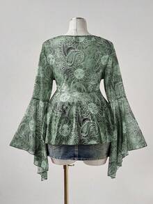 Sunspun Blus A-Line Wanita Ukuran Plus Motif Paisley Matahari, Leher V, Lengan Lebar, Pinggang Ramping - MultiWarna - View 2