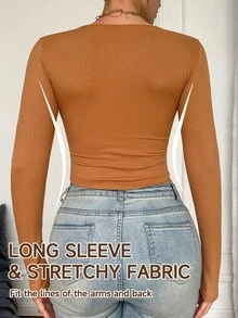 Women's Solid Color Undershirt, Long Sleeves, Square Neck, Minimalist And Comfortable - Brown - View 2