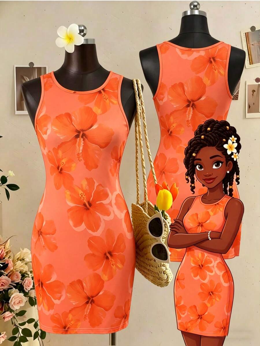 SHEIN 1pc Printed Fitted Basic Dress For Teenage Girls - Orange - View 1