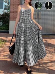 DAZY Đầm midi nữ kẻ caro xếp nếp, kiểu dáng thường ngày, thích hợp cho tiệc tùng. - màu đen - Xem 2