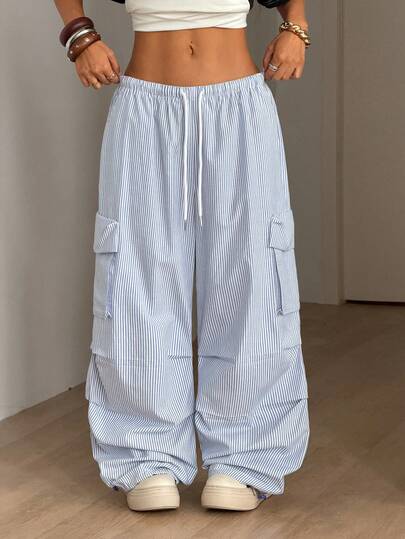 Coolane Women's Summer Streetwear Going Out Sportswear Casual Holiday Back To School Daily Wear Cotton Blue Striped Baggy  Wide Leg Low Rise Parachute Pants Summer Outfit For Women  Blue Pants