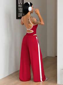 Coolane 女士夏季Y2K街头风休闲运动服日常简约运动套装弹力露背无袖连体衣和翻边阔腿运动裤红色2件套 - 紅色 - 查看 4