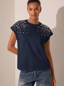 Lilora Camiseta elegante de mujer con adornos de strass, azul marino - Azul Marino - Ver 7