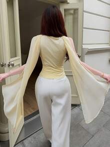 Feyla Women's Elegant Romantic Solid Color Lapel Sleeveless Blouse, Summer Wedding Tea Party Day Party Yellow - Apricot - View 5