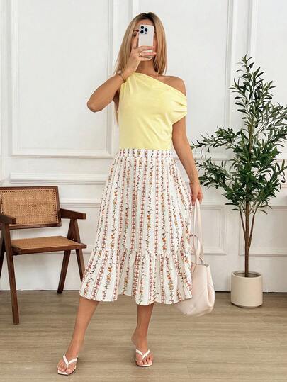 Easowa Women's Summer Casual Vacation Asymmetrical Neck Top And Ditsy Floral Ruffle Hem Skirt 2-Piece Set