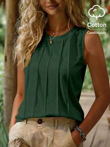 EMERY ROSE Women's Cotton Knit Round Neck Pleated Sleeveless Fitted Casual Versatile Tank Top, Summer - Green - View 1