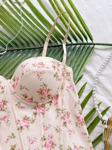 Soleia Women's Floral Print Spaghetti Strap Buttoned Camisole, Suitable For Beach, Seaside, Sexy, Dating,Summer Top - Pink - View 3